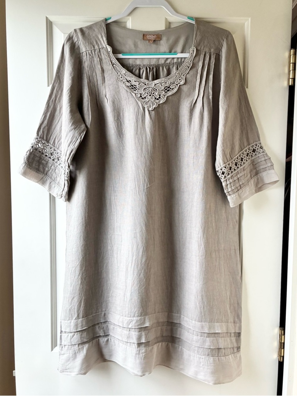 Carla Conti Women's Linen Tunic Dress Swim Coverup Crochet Trim Gray Size L